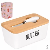Масленка керамика с ножом и бамбуковой крышкой 16.8*9.5*7.7см