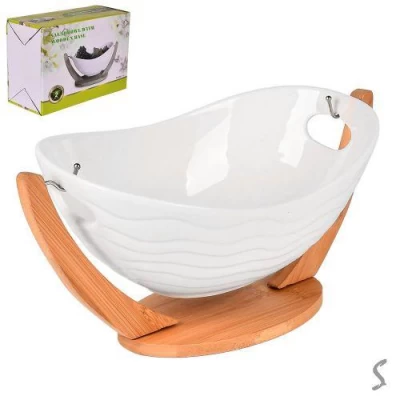 Фруктовница фарфор на бамбуковой подставке "White Classic" 14" (35*19*17см)