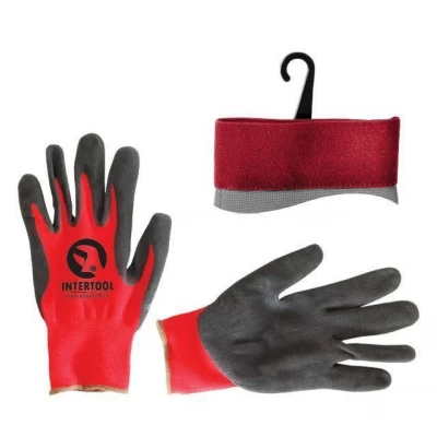 Перчатка красная вязанная синтетическая, покрытая серым пористым нитрилом на ладони 10" Intertool SP-0127