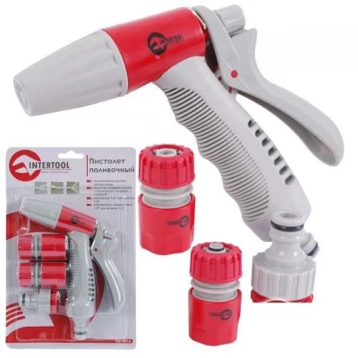 Пистолет-распылитель поливной, плавная регул. потока воды+ адаптер+2 конектора Intertool GE-0016