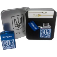 Дуговая электроимпульсная USB зажигалка ⚡️Герб Украины (металлическая коробка) HL-444 Blue