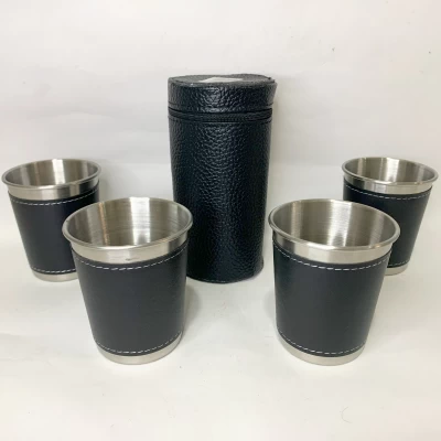Набор металлических стаканов с кожаной отделкой и чехлом (4шт по 260мл) PM-260B