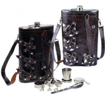 Большая фляга-набор в кожаной сумке-чехле 8 предметов (1892 мл) PT-64A