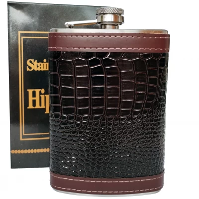 Фляга в кожаном чехле с тиснением под крокодила, 9 oz BP-9-A-Кор