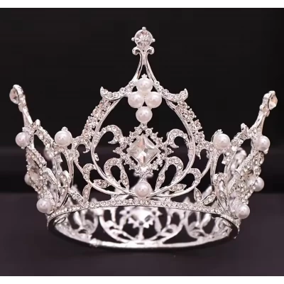 Декор для торта Корона D7 см срібло с белыми камнями та жемчугом