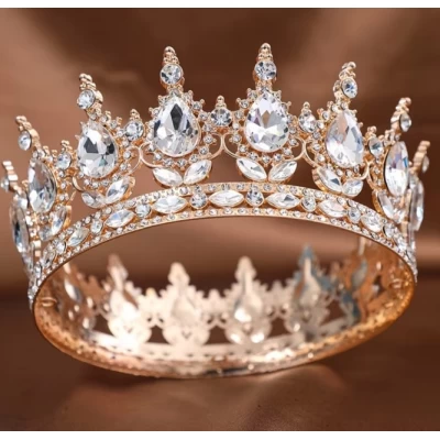 Декор для торта Корона D12 золотая с белыми камнями