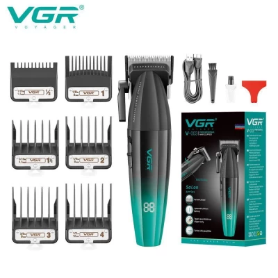 Аккумуляторная машинка для стрижки (clipper) VGR V-003 GREEN, 6 насадок, TURBO режим 9000 RPM, керамическое лезвие, LED display