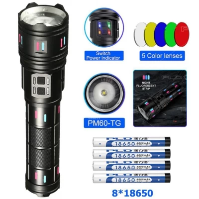 Фонарь NIGHT VISION FLUORESCENCE AK177-WHITE LASER LED PM60-TG, 8x18650 3.7V, Power Bank, ЗУ Type-C, zoom, 5 фильтров