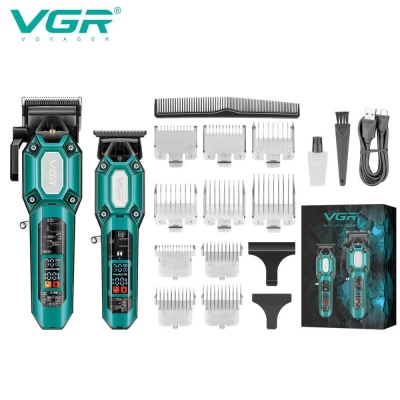 Комплект VGR 2 в 1 V-600&900 GREEN, аккумуляторная машинка для стрижки (clipper) и триммер, 10 насадок, LED