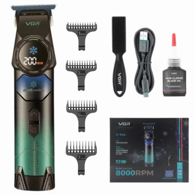 Триммер VGR V-946 с технологией охлаждения ICE TECHNOLOGY, 4 насадки, 8000 RPM, 3000 mAh, LED display