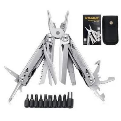Мультитул тактический Traveler MQ064DG Silver 28 в 1, комплект бит, с чехлом, с плоскогубцами 16,2см
