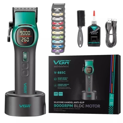 Аккумуляторная машинка для стрижки (clipper) VGR V-885C GREEN, 10 насадок, LED display