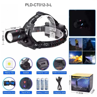 Фонарь налобный NIGHT VISION FLUORESCENCE CT012-3L-TG, 1 РЕЖИМ, Power Bank, 3x18650, ЗУ Type-C, zoom, Box