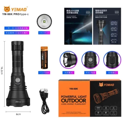 Фонарь YEMAO YM-98K PRO AY90-N95 LED, 1x21700, ЗУ Type-C Фонарь YEMAO YM-98K PRO AY90-N95 LED, 1x21700, ЗУ Type-C