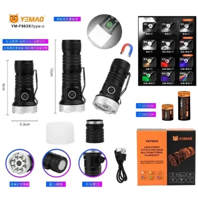 Фонарь YEMAO YM-F963X-5XTE+4XPE, multi-color light, UV, 1x26650/26350, ЗУ Type-C, магнит, колпачек Фонарь YEMAO YM-F963X-5XTE+4XPE, multi-color light, UV, 1x26650/26350, ЗУ Type-C, магнит, колпачек