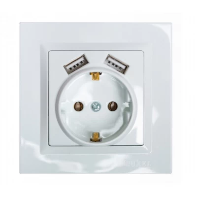 Розетка с заземлением и 2 USB JAZZ (белый) 9030