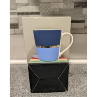 Керамическая чашка (380мл)синеголубая с золотой полосой