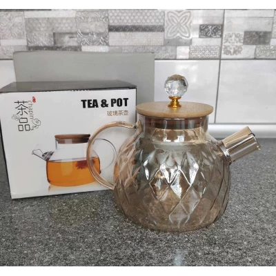 Стеклянный заварочный чайник с бамбуковой крышкой  Бронзовый(1л)