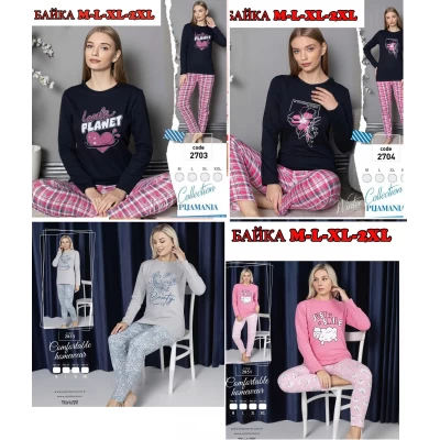 Піжами жіночі коттон на байці, 2нитка з начосом,  M (42-44) - 2XL (48-50)