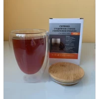 Стакан с двойными стенками, с бамбуковой крышкой 300мл