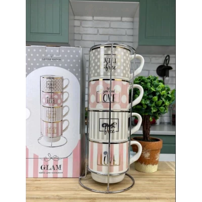 Набор чашек 4шт (346мл) в металлической стойке LOVE