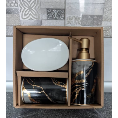 Керамический набор для ванной комнаты 3предмета (дозатор, стакан, мыльница) черный мрамор Керамический набор для ванной комнаты 3предмета (дозатор, стакан, мыльница) черный мрамор