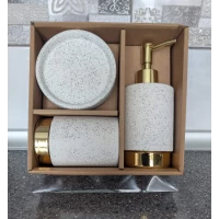 Керамический набор для ванной комнаты 3 предмета (дозатор, стакан, мыльница) белый с золотым окантом