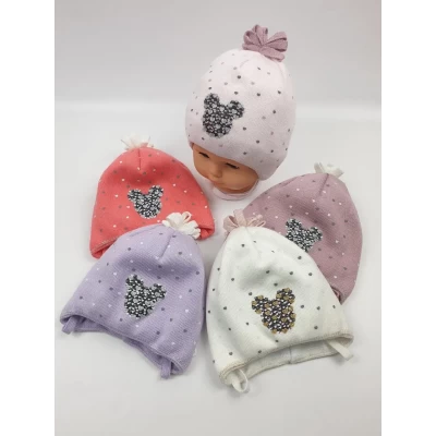 Дитячі польські демісезонні в`язані шапки на трикотажній підкладці для дівчат, р.48-50 (Польша)