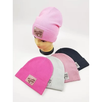 Дитячі польські демісезонні в'язані двошарові шапки оптом для дівчат р.52-54  (Польша)