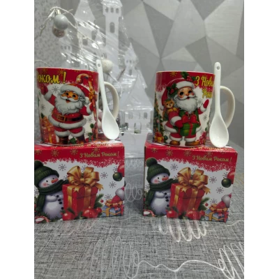 Керамическая чашка(350мл) с ложкой*Дед Мороз*