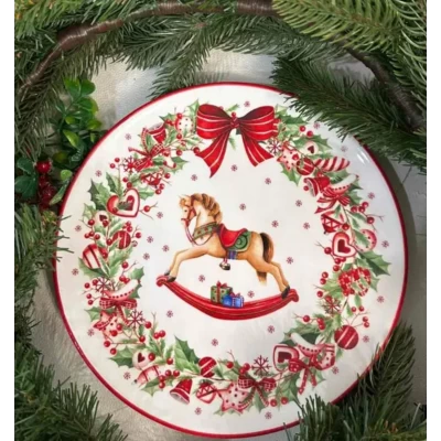 Керамическая тарелка(20см) С Рождественским рисунком и символом  года Лошадка