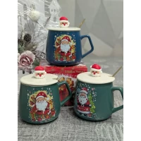 Керамическая чашка с крышкой  (350мл) Новогодняя