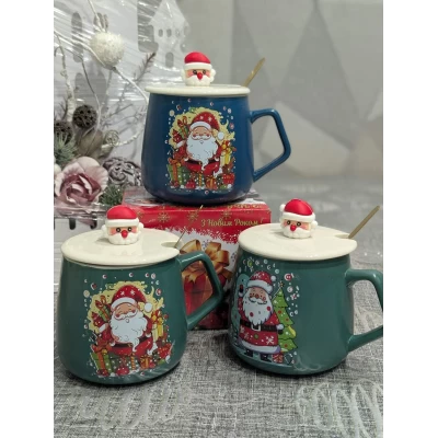 Керамическая чашка с крышкой  (350мл) Новогодняя