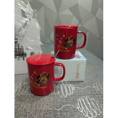 Керамическая чашка с крышкой  (350мл) Новогодняя