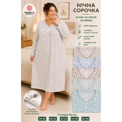 Жіночі бавовняна нічна сорочка, на байці. (Узбекистан).  Батал: 58-68. 
