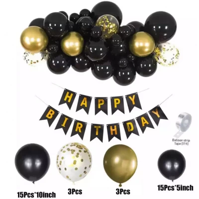 Арка из шаров с гирляндой Happy Birthday "Чёрное золото"