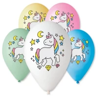 Воздушные шары 12" с рисунком "Единорог", 5 цв (100 шт/уп)  
