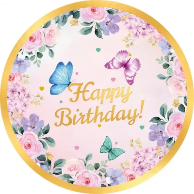 Тарелки бумажные одноразовые детские "Happy Birthday бабочки". 18 см.10 шт Тарелки бумажные одноразовые детские "Happy Birthday бабочки". 18 см.10 шт