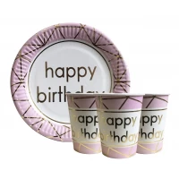 Набор одноразовой посуды "Happy Birthday розовые" Тарелки -10 шт Стаканчики - 10 шт  