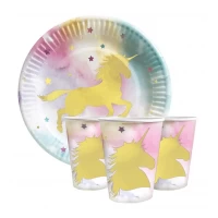 Набор одноразовой посуды "Единорог золото" Тарелки -10 шт Стаканчики - 10 шт  
