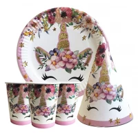 Набор для детского дня рождения " Единорог цветы " Тарелки -10 шт Стаканчики - 10 шт Колпачки - 10 шт 