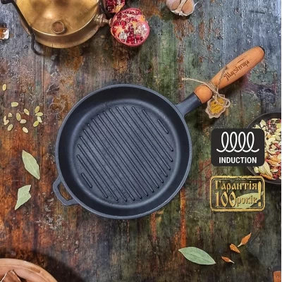 Сковорода чугунная гриль Maysternya Ø24см, глубина 4см с деревянной ручкой