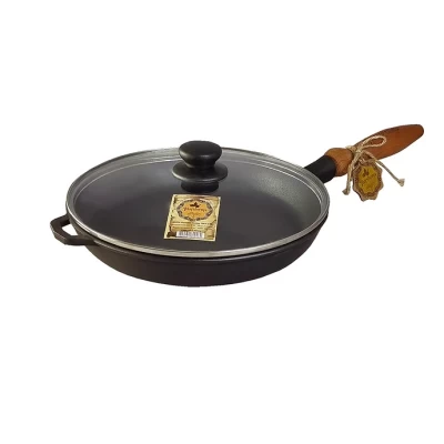 Сковорода с крышкой чугунная Maysternya Ø28см, глубина 4см с деревянной ручкой