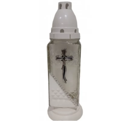 Лампадка стеклянная на 36 часов "Крест волнистый/белый край"