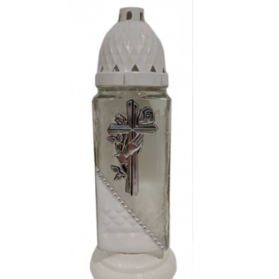 Лампадка стеклянная на 36 часов "Крест с рукой/белый край"