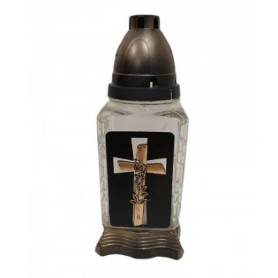 Лампадка стеклянная на 36 часов "Крест с розой на черном фоне"