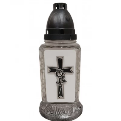 Лампадка стеклянная на 36 часов "Крест с розой на белом фоне"