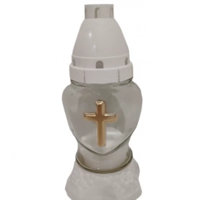 Лампадка стеклянная на 18 часов "Белое сердце с крестом"