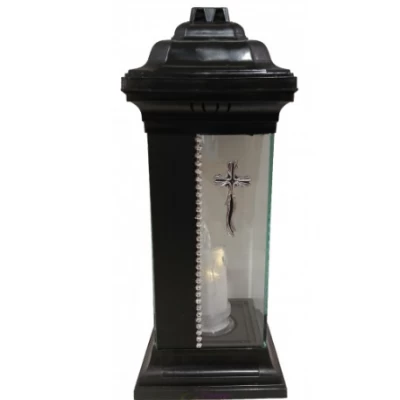Лампадка Каплычка черная витражная с led-свечой "Крест серебряный"