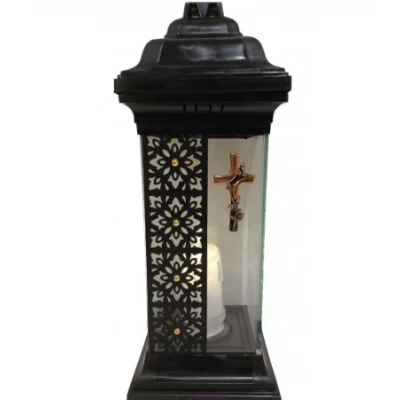 Лампадка Каплычка черная витражная с led-свечой "Крест золотой"